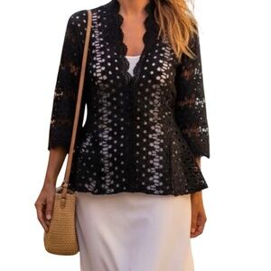 # A003   FT INC Cocktail Chic  Romantic Layering Black Eyelet Lace Jacket NWOT M